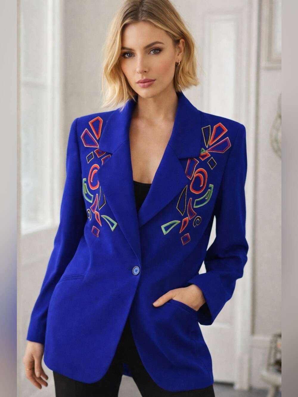 Vintage 80s Designer Oleg Cassini Royal Blue Bold Embroidery Art To Wear Blazer